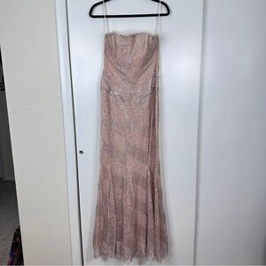 Ricki Freeman Teri Jon Nites Corseted Strapless Gown fitted metallic lace blush